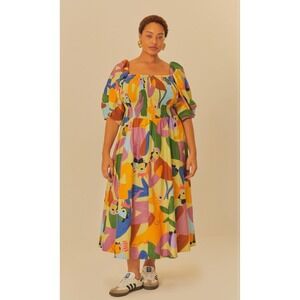 Farm Rio x Naya Violeta Colorful Faces Midi Dress 100% Cotton Womens Size Small‎